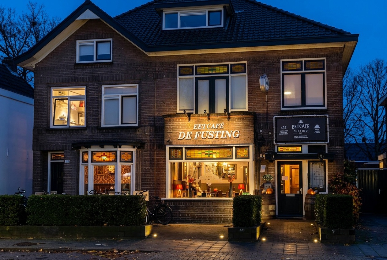 Eetcafé de Fusting aan de Hengelosestraat in Enschede, 's avonds verlicht