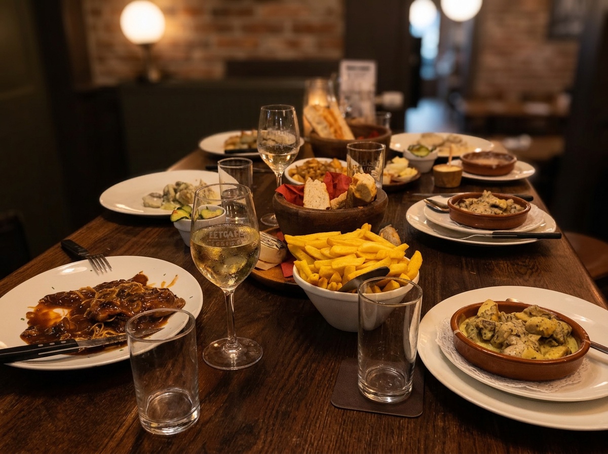 Een volle tafel met gerechten bij Eetcafé de Fusting