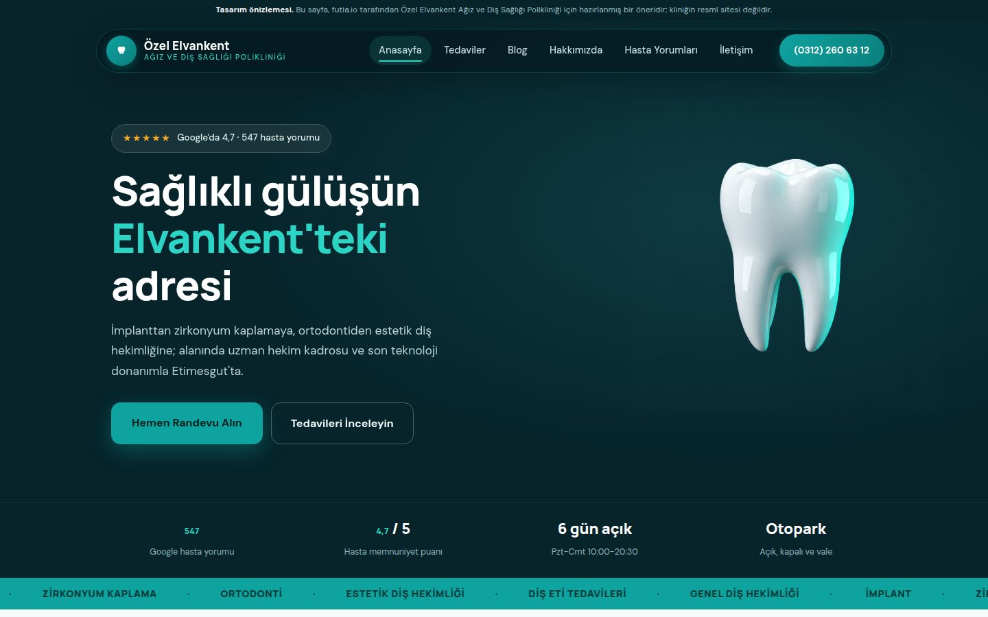 Tandartspraktijk met 547 recensies en een 3D-identiteit · Op desktop