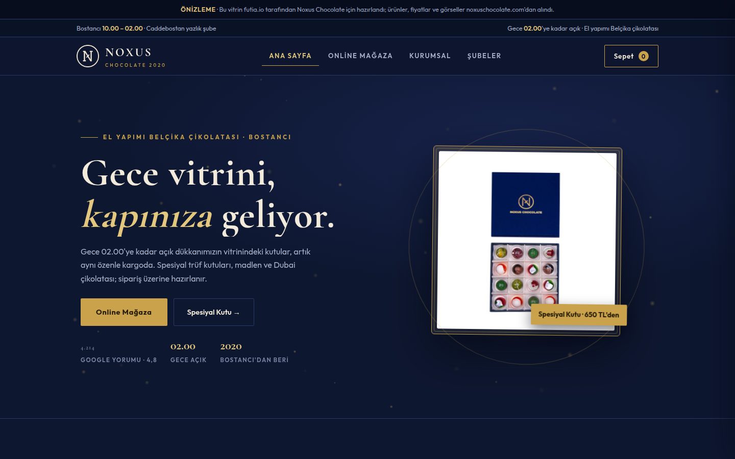 Etalage-redesign voor luxe chocolade, in nachtkleuren · Op desktop